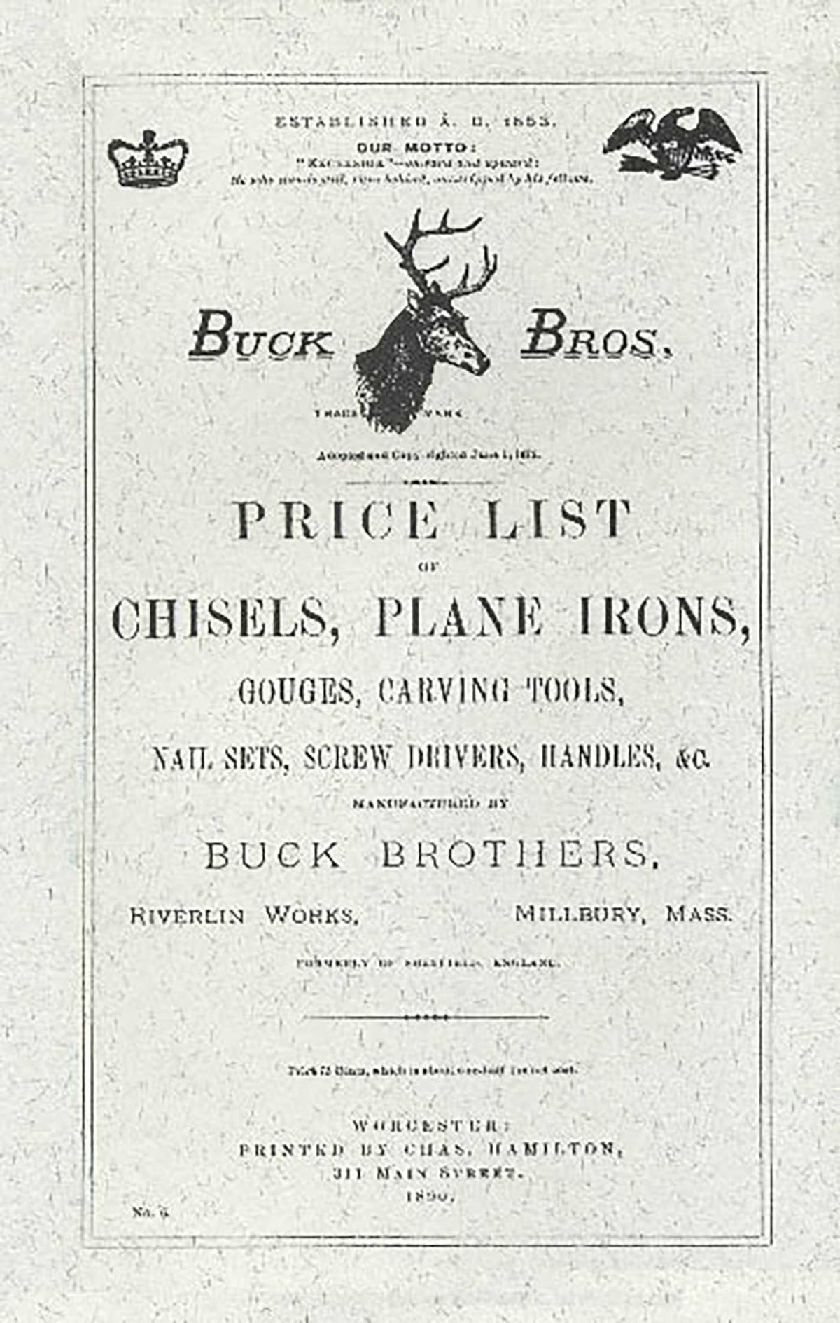 Buck Brothers Price List of Chisels, Plane Irons, Gouges, Carving Tools, Nail Sets, Screw Drivers, Handles, & c.