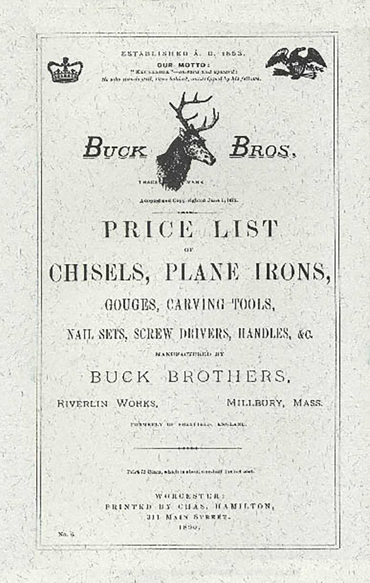 Buck Brothers Price List of Chisels, Plane Irons, Gouges, Carving Tools, Nail Sets, Screw Drivers, Handles, & c.